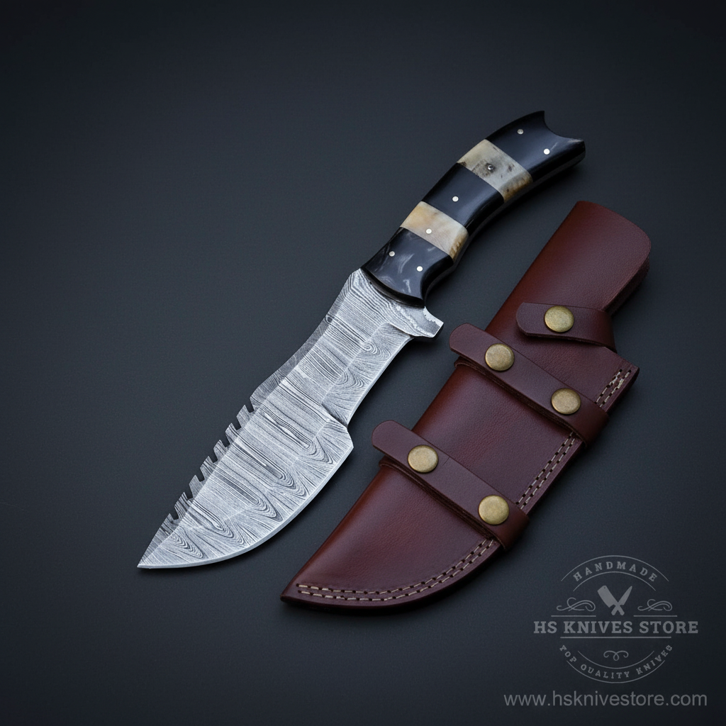 Damascus tracker knife bone buffalo horn handle dark burgundy multi-pocket sheath dark charcoal studio mirror direction