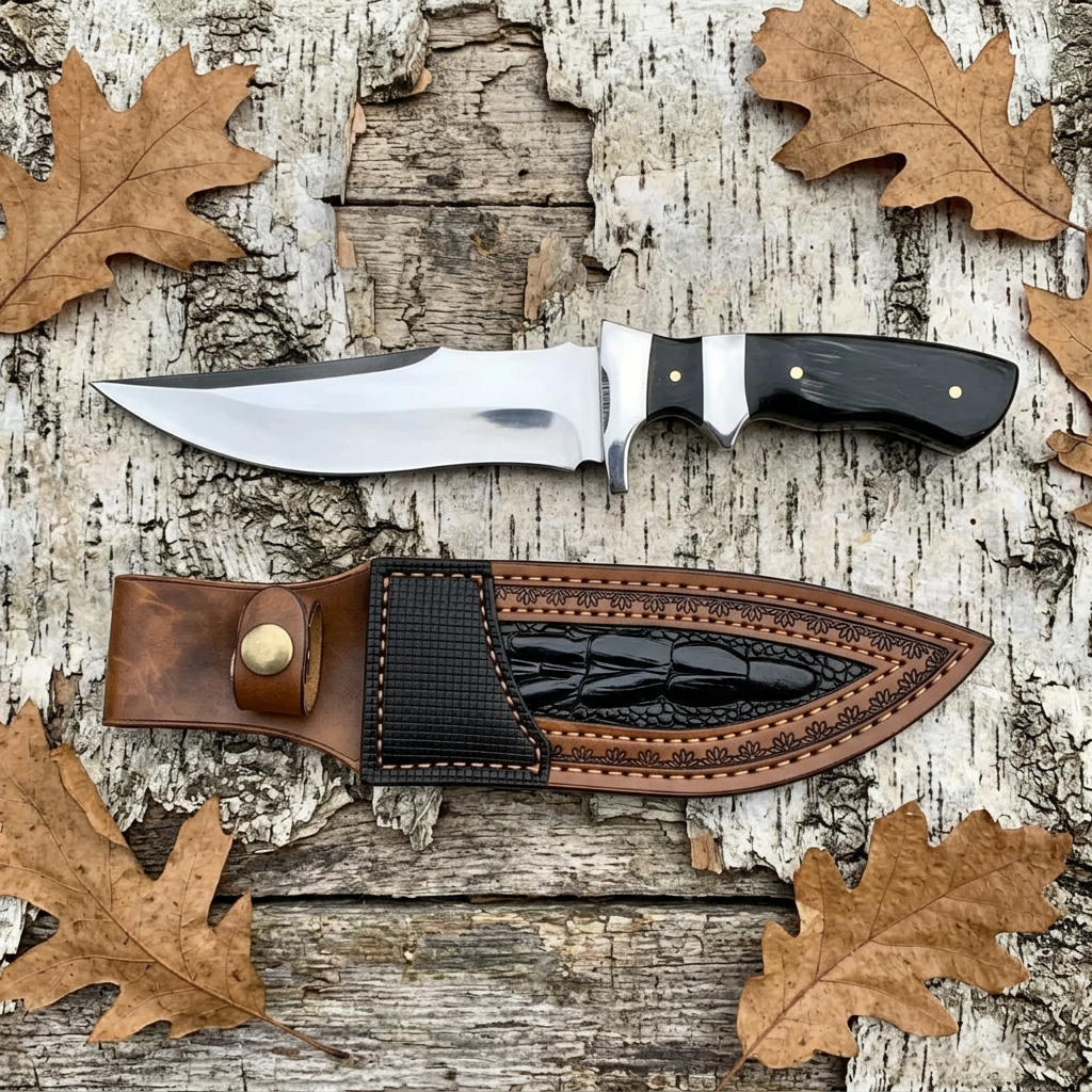 Overhead view of clip-point Bowie knife and separate sheath on birch wood