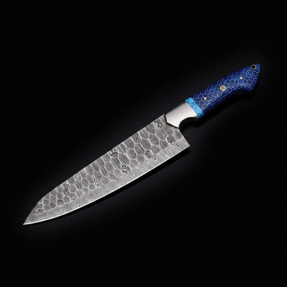Handmade Damascus chef knife blue honeycomb handle black studio right facing product shot