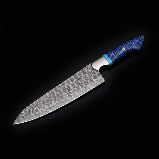 Handmade Damascus chef knife blue honeycomb handle black studio right facing product shot