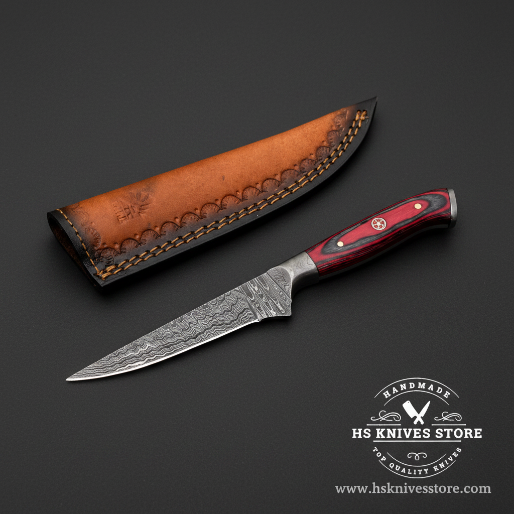 Damascus steel skinning knife with red crimson hardwood handle and two-tone leather sheath on dark charcoal background studio shot