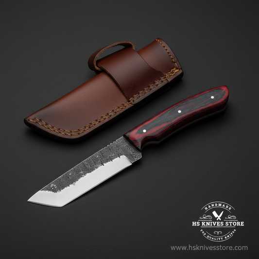 Carbon steel drop point skinner knife with red black pakkawood handle and brown leather sheath on dark charcoal studio background facing right