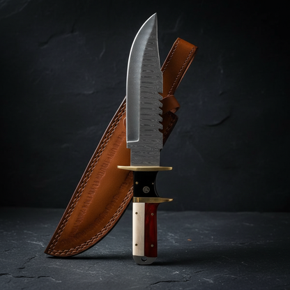Handmade Damascus Bowie knife rosewood bone handle vertical slate background luxury shot