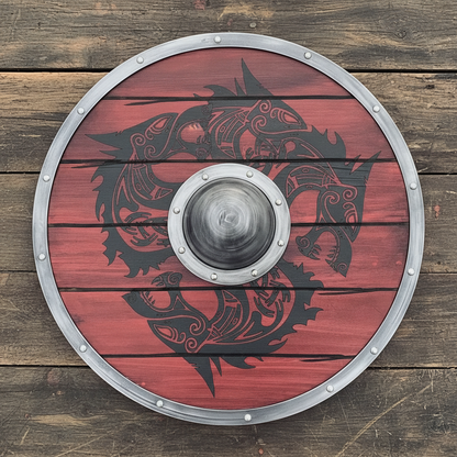 Round red wooden Viking shield with silver rim and central boss shown fully from above on rustic timber
