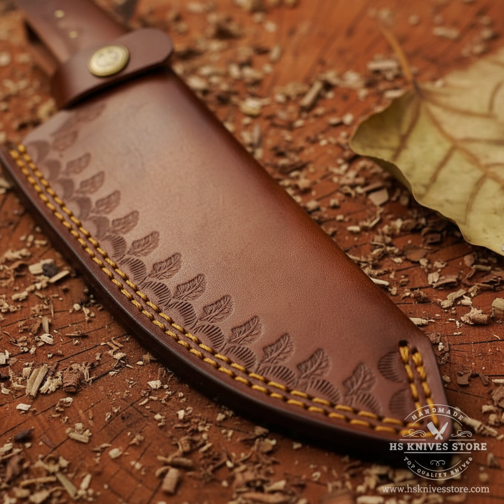 Forest embossed leather sheath macro close-up gold amber stitching brass concho snap button