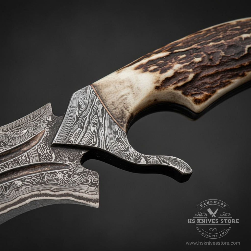 Close-up macro of natural stag handle with warm brown deep natural texture and Damascus steel integral guard with downswept quillon