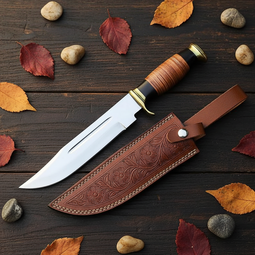 Handmade American classic Bowie knife flat lay on rustic wood with brown embossed leather sheath