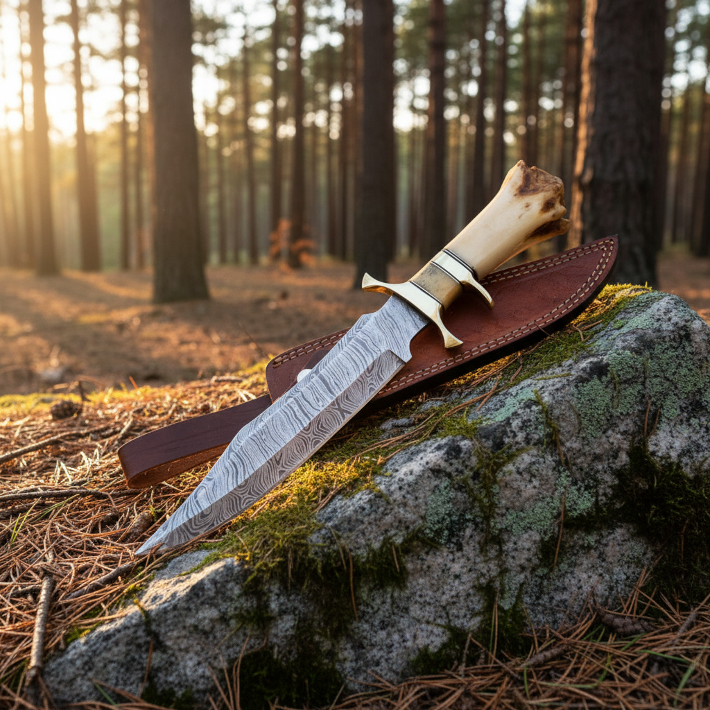 damascus-bowie-knife-resting-mossy-granite-rock-pine-forest-hunting