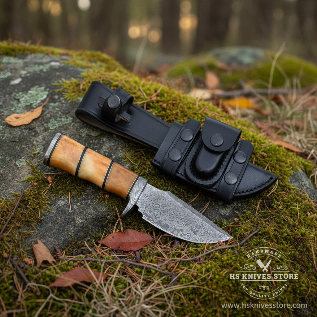Damascus steel skinner knife camel bone handle resting on mossy rocks in outdoor forest setting with black leather sheath