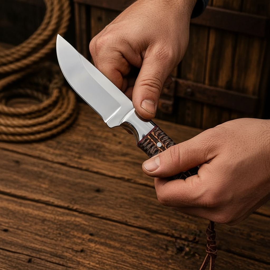 Hands gripping handmade skinner knife braided cord handle outdoor ranch action shot western cowboy style