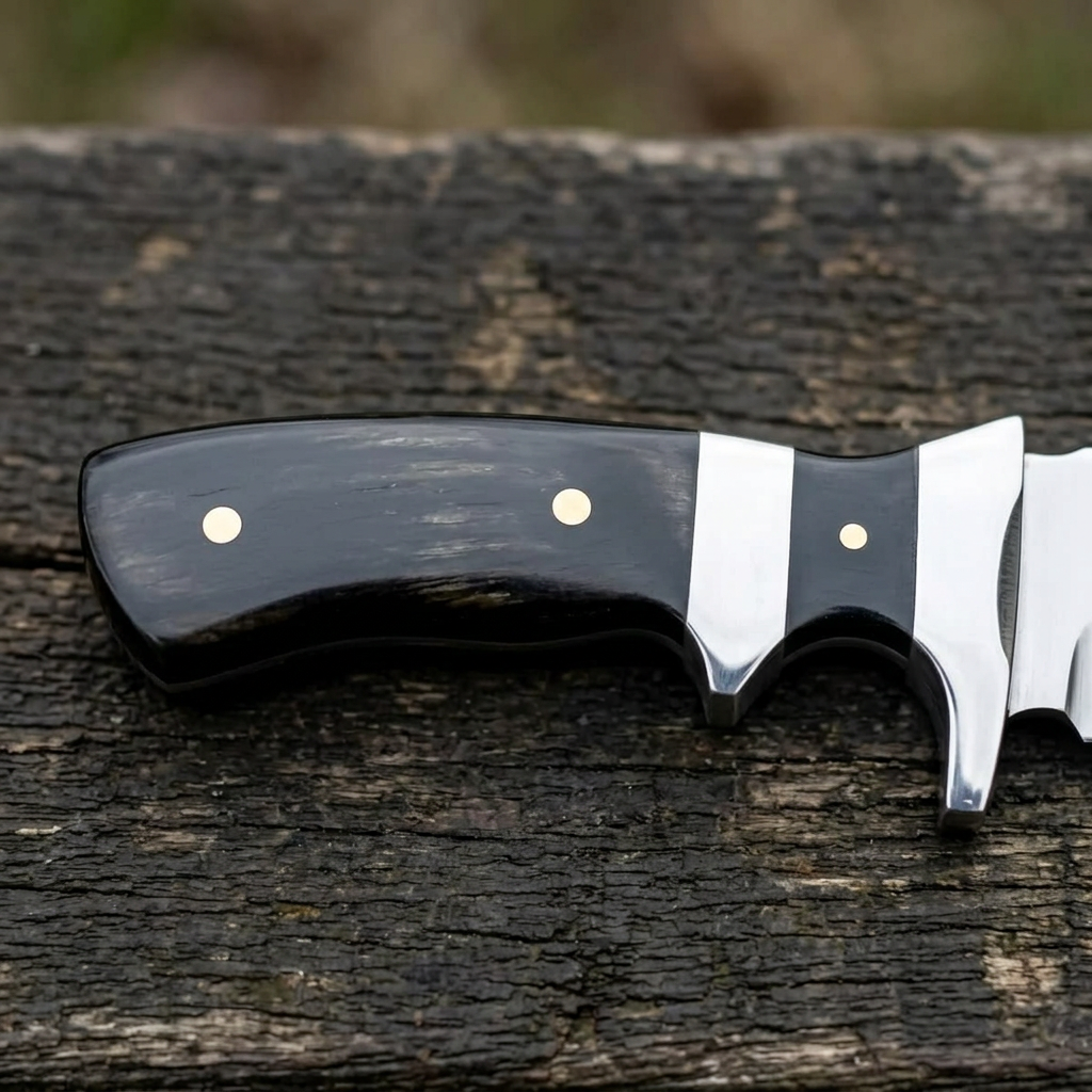 Black Bowie handle close-up with gold-tone pins and polished fittings