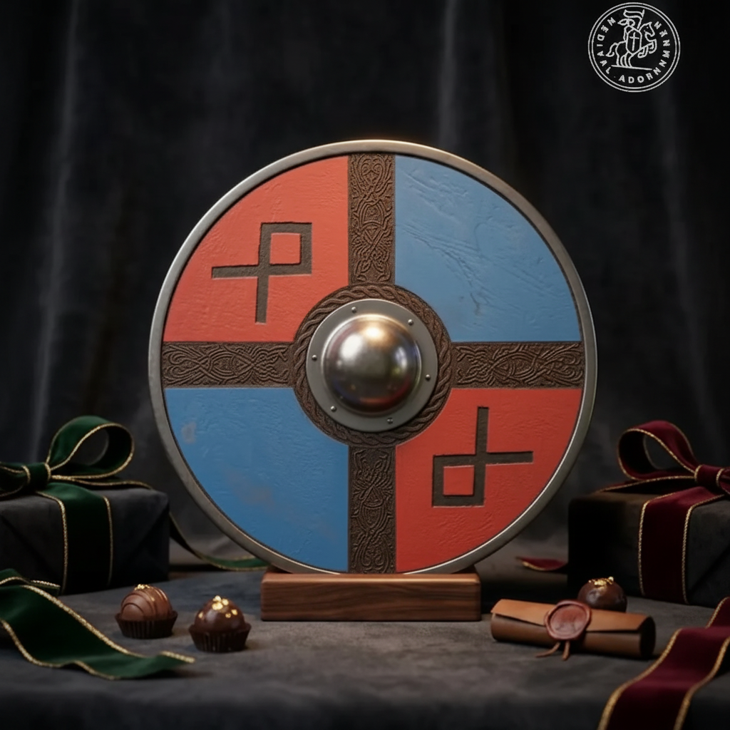 Exact red and blue Viking shield showing painted surface, carved Nordic bands, silver boss, and outer rim