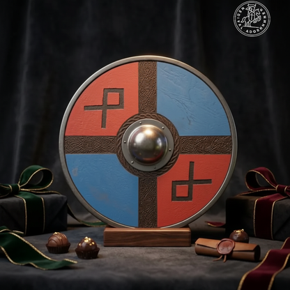 Exact red and blue Viking shield showing painted surface, carved Nordic bands, silver boss, and outer rim