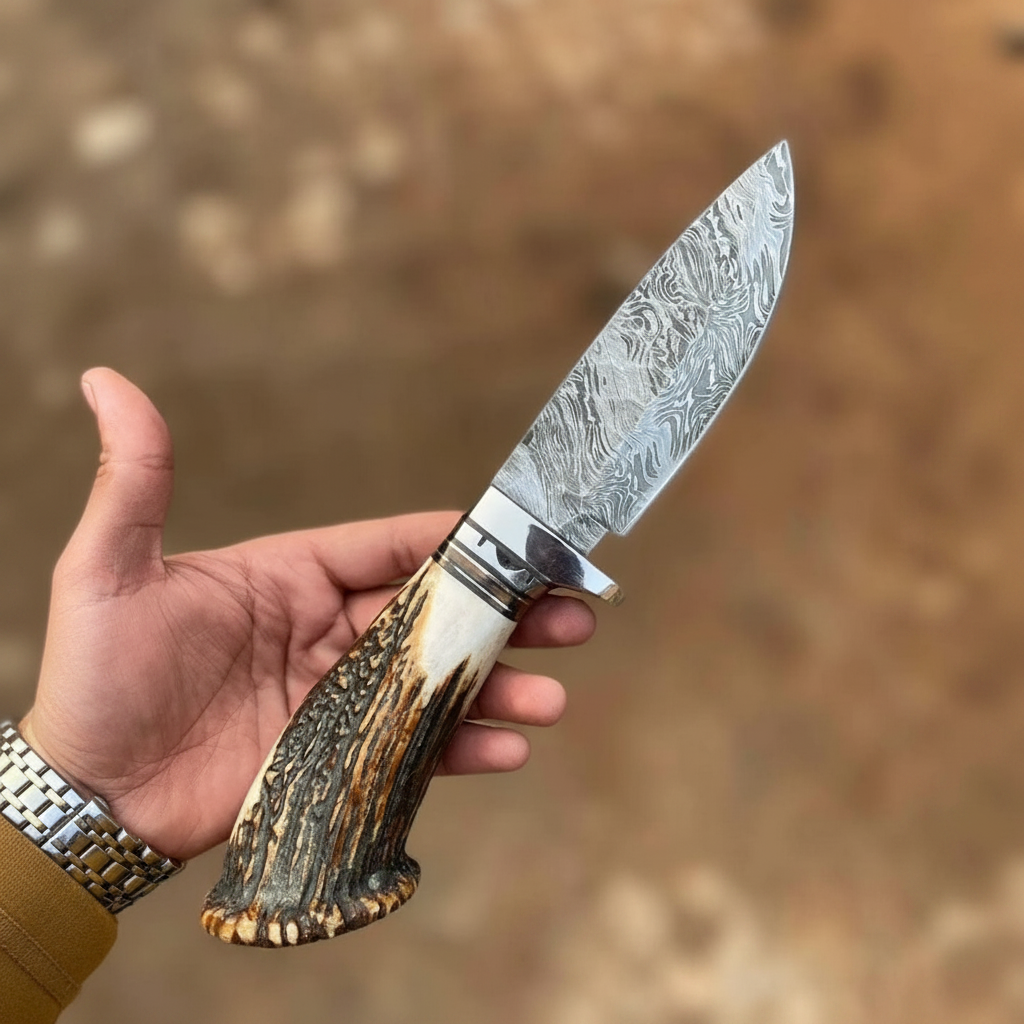 Handmade Damascus skinner knife antler handle outdoor earthy background