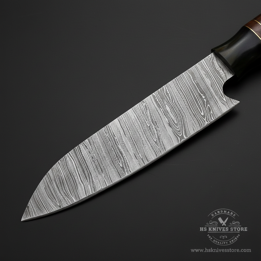 Close-up of Damascus steel chef knife blade showing layered wood-grain Damascus pattern and kiritsuke profile