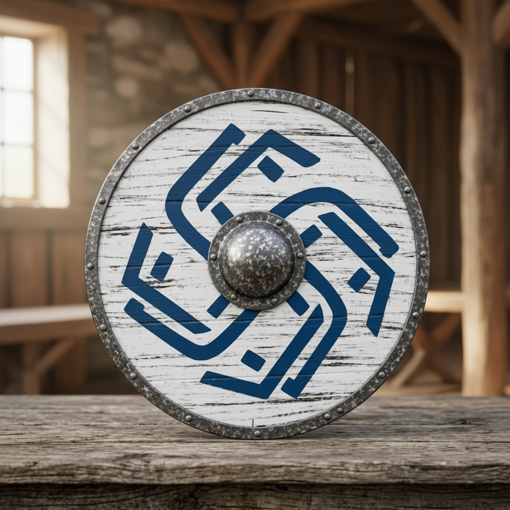 Round white wooden Viking shield with blue Norse design displayed in a warm rustic timber hall