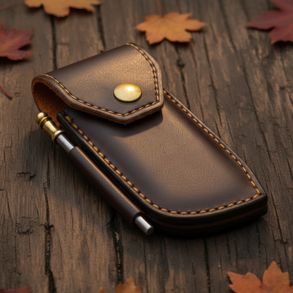 Close-up of dark brown leather folding knife sheath with brass snap button and gold stitching
