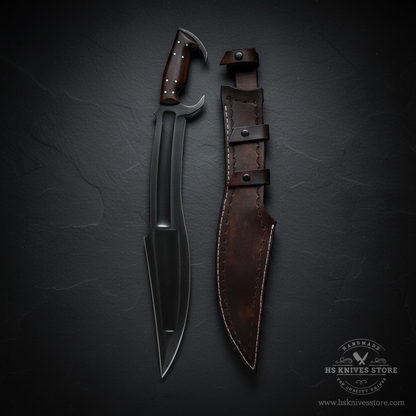 Vertical luxury shot of Spartan Kopis sword on dark slate background with distressed leather sheath premium collector display