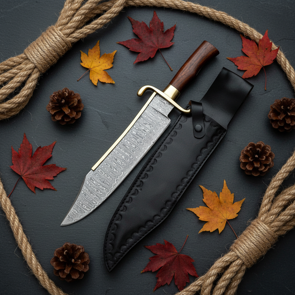 Damascus steel Bowie knife with rosewood handle flat lay on dark slate stone with autumn leaves pine cones and rope