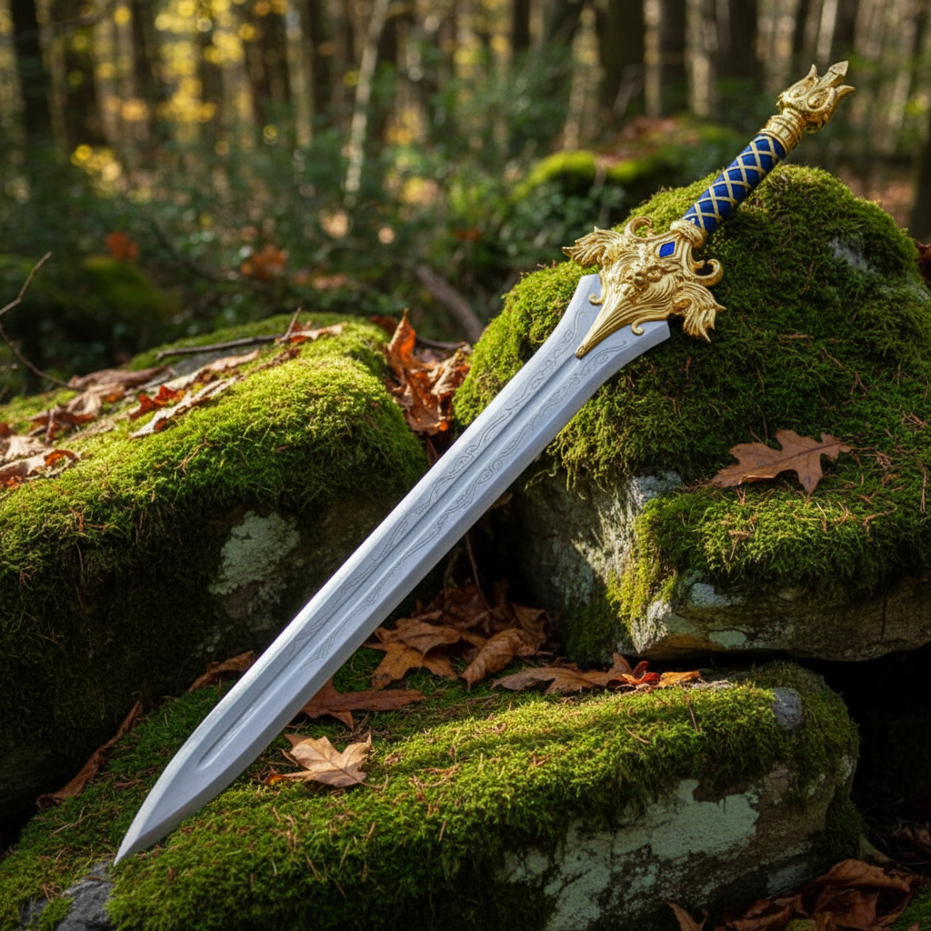Royal gold guard broad sword resting on mossy rocks in outdoor forest setting with dappled sunlight