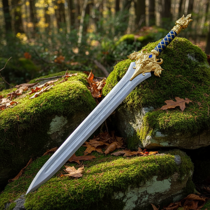 Royal gold guard broad sword resting on mossy rocks in outdoor forest setting with dappled sunlight