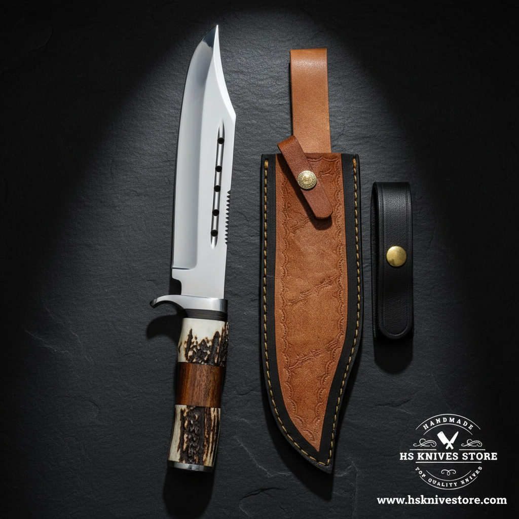 D2 steel Bowie knife displayed vertically on dark slate with stag horn wood handle and two-tone leather sheath luxury shot