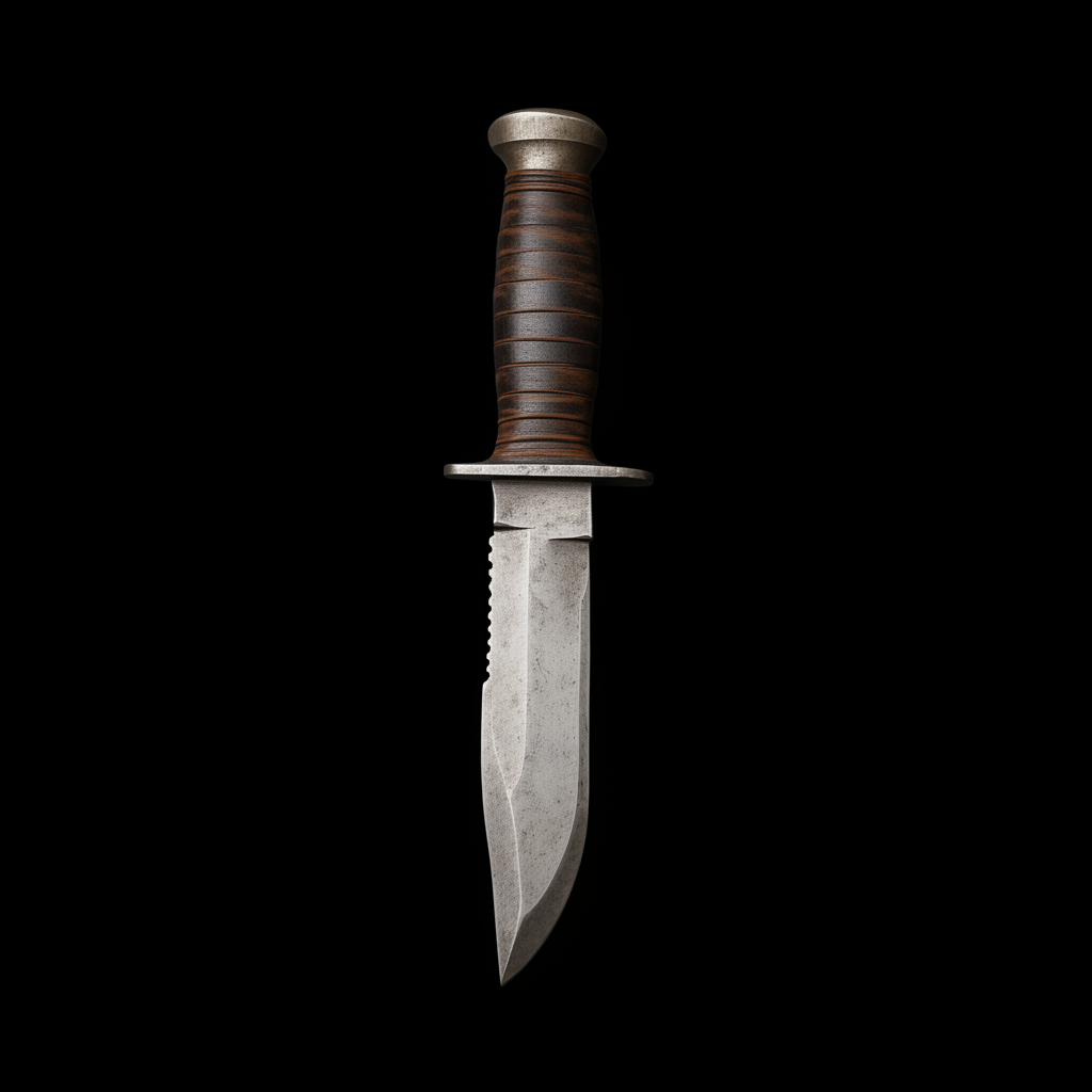 1095 steel hunting knife stacked leather handle pure black background main product shot