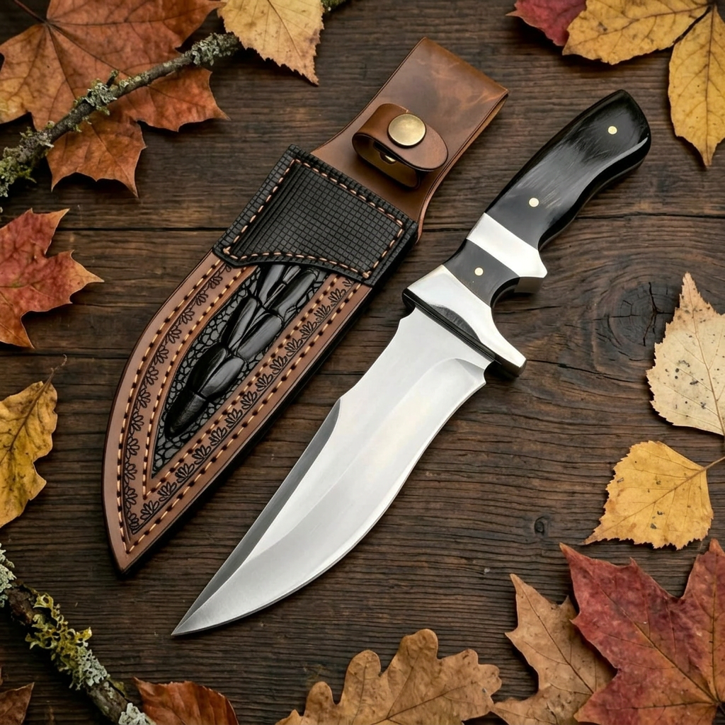 13-inch overall D2 Bowie knife and ornate sheath on woodland timber with autumn leaves