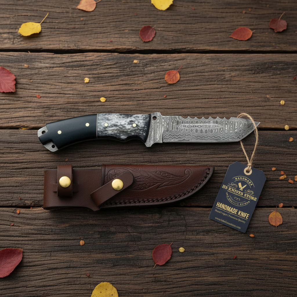 Damascus tanto skinner knife flat lay with micarta bone handle hang tag and brown leather sheath on dark rustic wood with autumn leaves