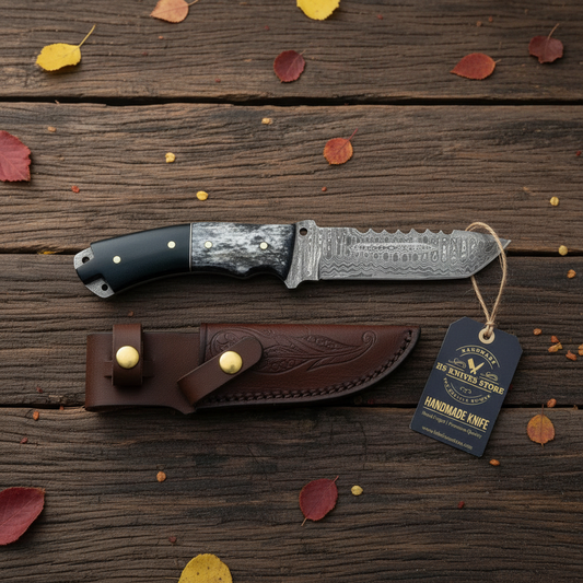Damascus tanto skinner knife flat lay with micarta bone handle hang tag and brown leather sheath on dark rustic wood with autumn leaves