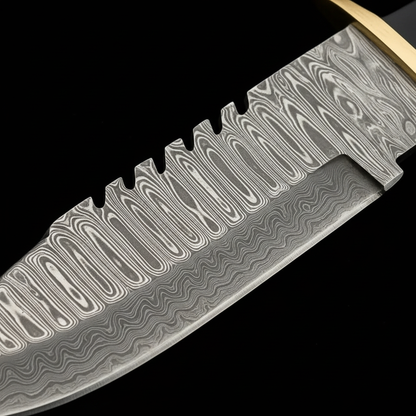 Macro Damascus steel blade bold wave pattern serrated spine acid etched layers Bowie knife