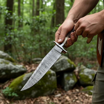 Hunter hands holding Damascus Bowie knife with stag horn handle outdoor forest lifestyle action shot
