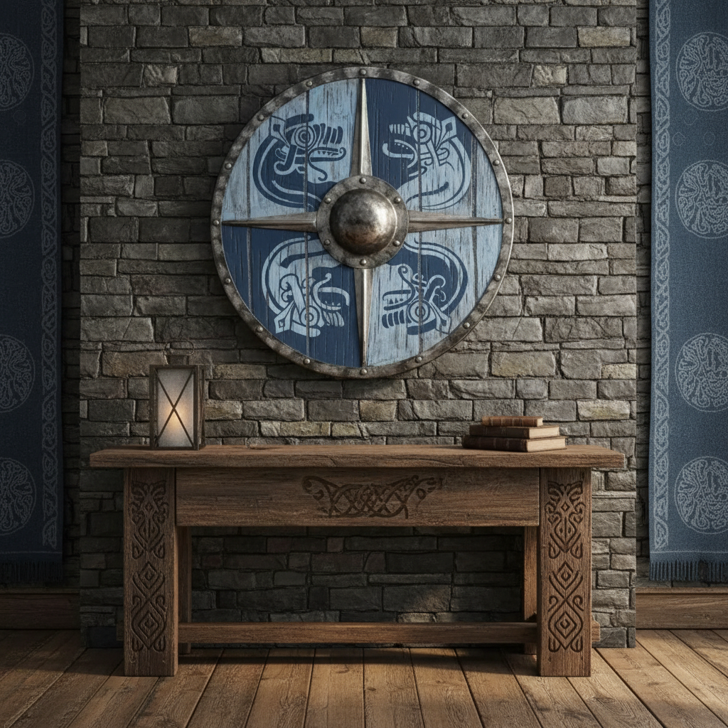 Handcrafted blue and white Viking Raven Shield displayed above a rustic console in a themed interior