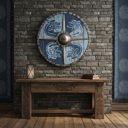 Handcrafted blue and white Viking Raven Shield displayed above a rustic console in a themed interior