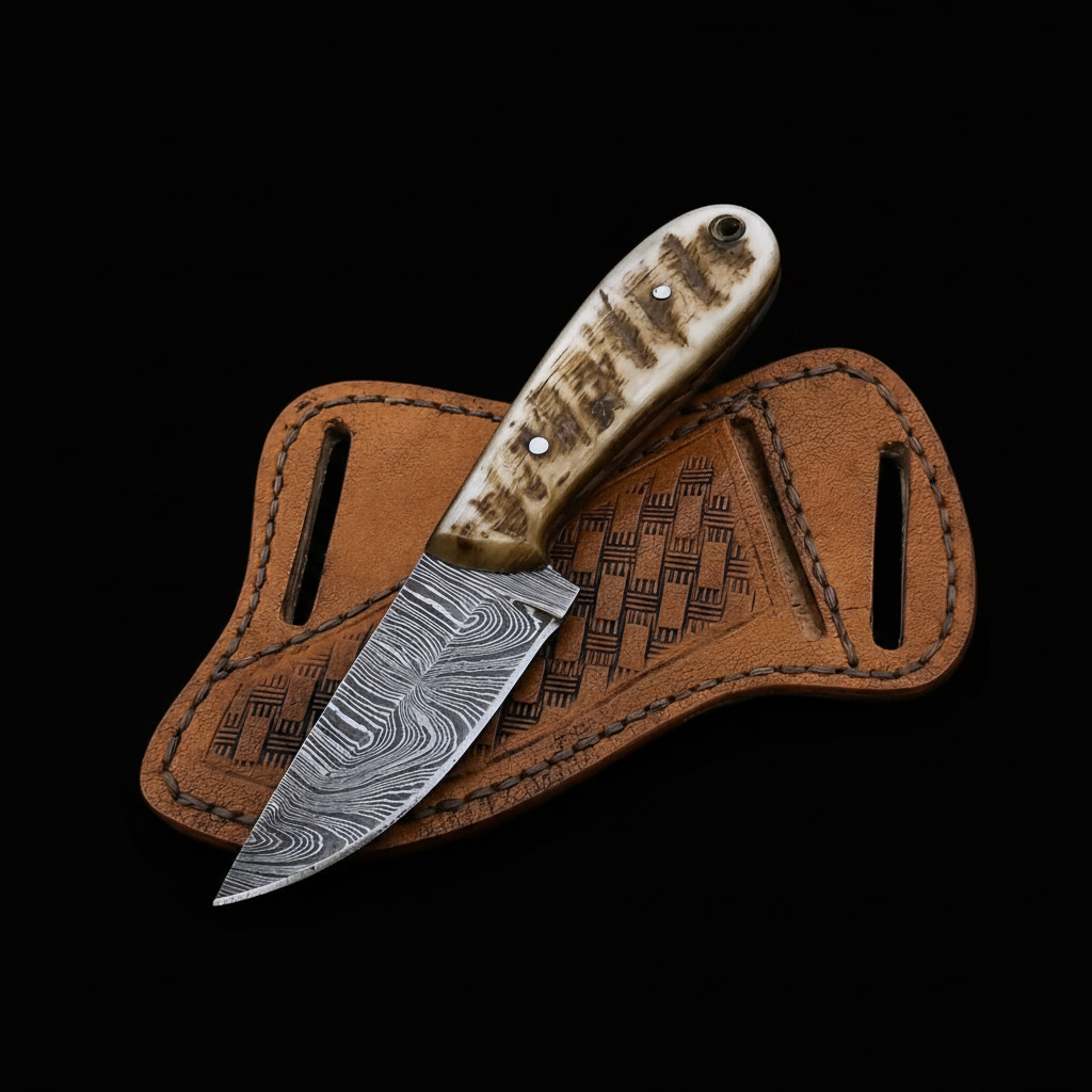 Handmade Damascus skinner knife ram horn handle black studio shot mirror left facing