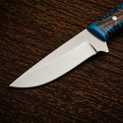 Macro detail of the satin-polished 3.75-inch D2 drop-point blade on a cowboy knife