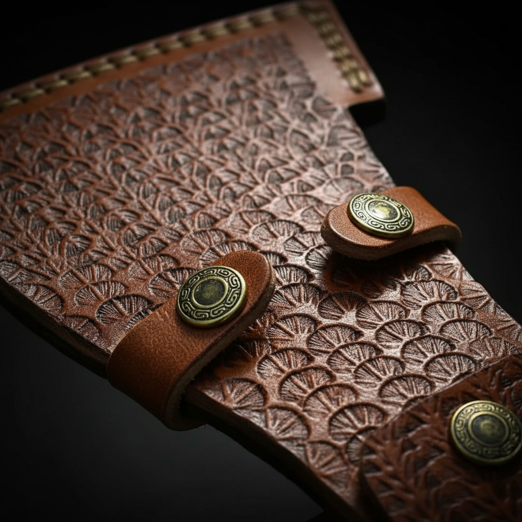 Macro close-up of tan tooled leather Viking axe sheath with brass snap button and geometric pattern