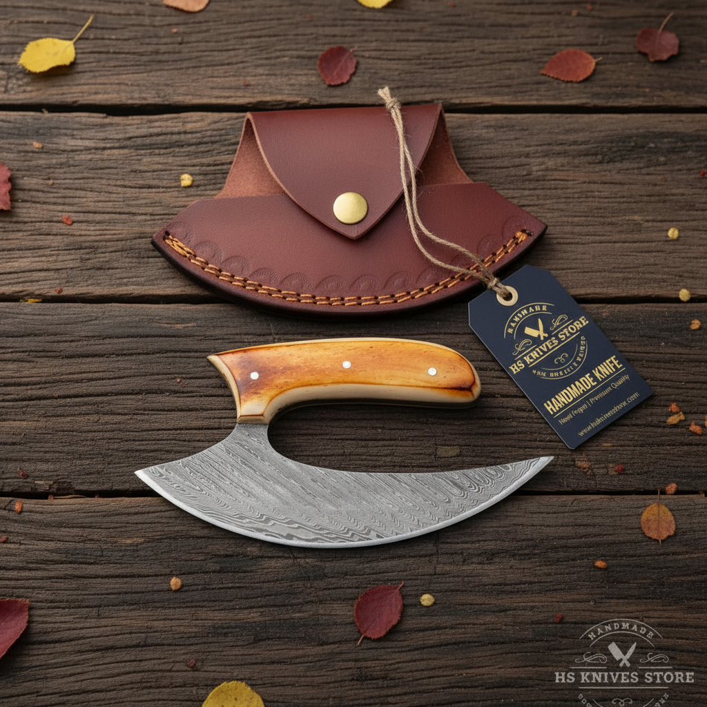 Damascus ulu knife flat lay with amber bone handle hang tag and burgundy crescent leather sheath on dark rustic wood with autumn leaves