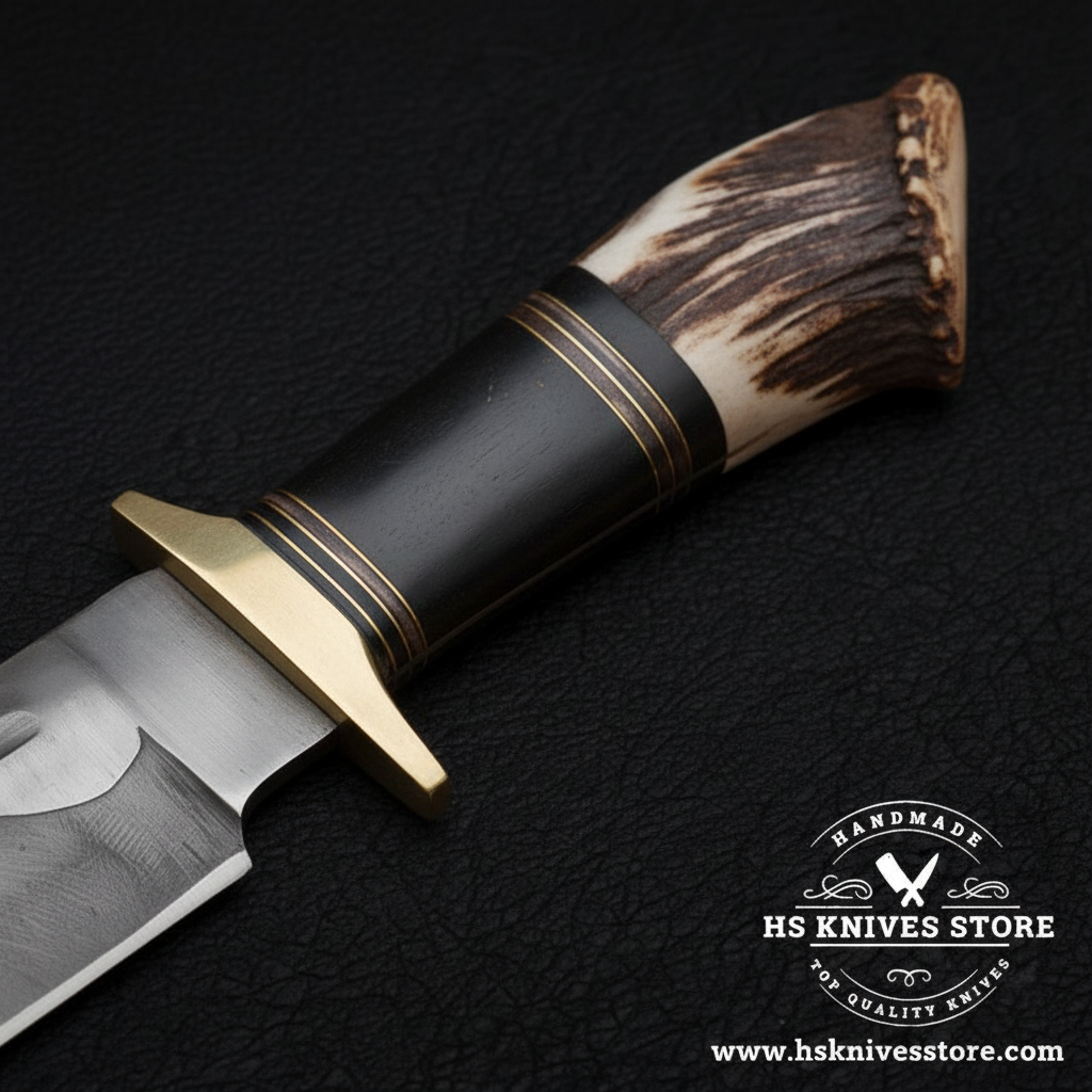 Macro view of three-section handle showing black wood brass ring spacers and natural elk antler cap on hand forged Bowie knife