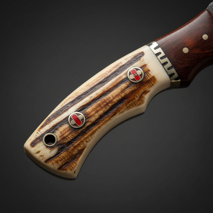 Close-up macro of genuine stag antler handle with natural texture, red cross medallion pins and dark wood bolster