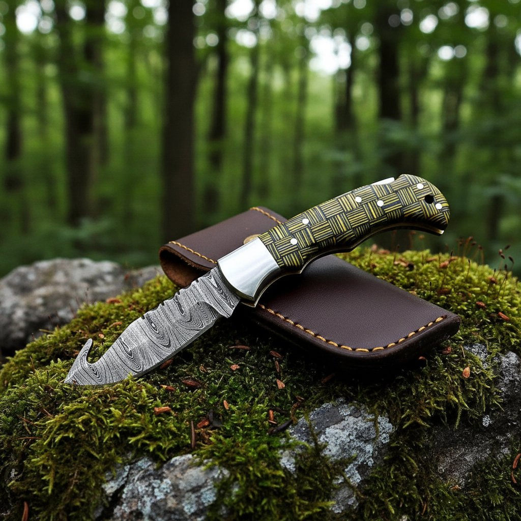 Damascus folding knife with woven handle open blade on mossy forest rocks outdoor setting