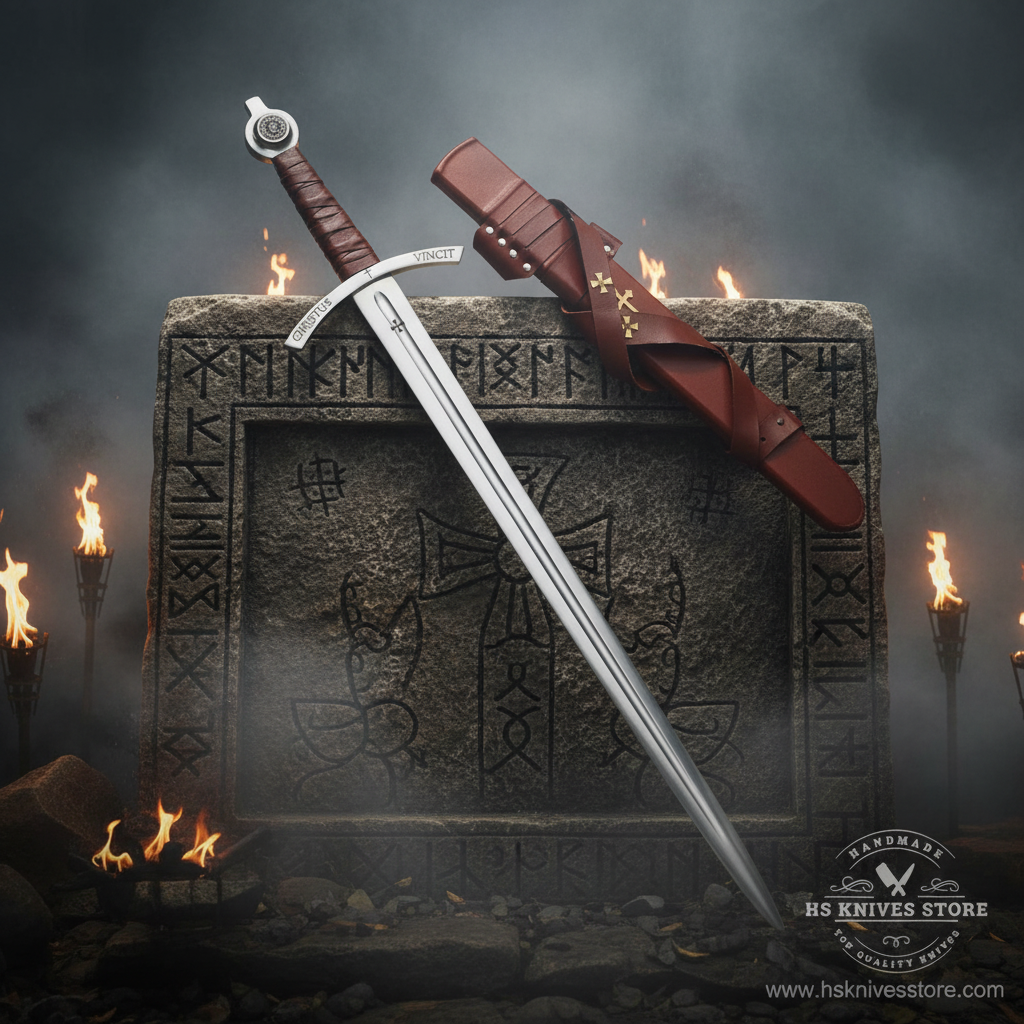 Faithkeeper Knights Templar Accolade sword resting on ancient Viking stone altar with Norse rune carvings and burning torches dramatic fog