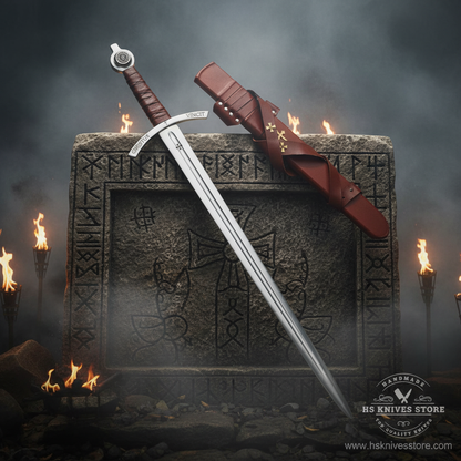Faithkeeper Knights Templar Accolade sword resting on ancient Viking stone altar with Norse rune carvings and burning torches dramatic fog