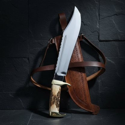 Vertical luxury shot of handmade 16 inch American classic Bowie knife on dark slate background blade pointing up