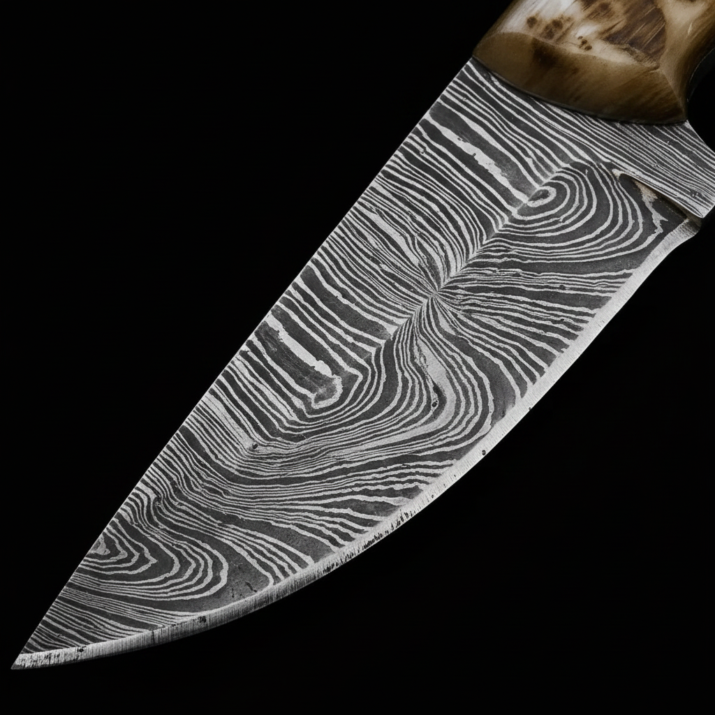 Macro Damascus steel blade bold wave pattern curved belly skinner edge handmade knife