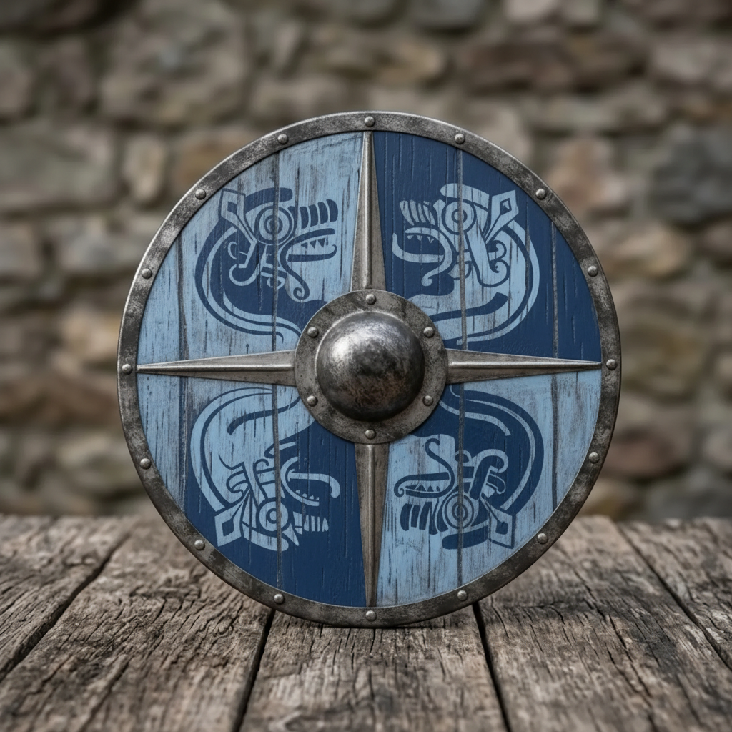 Round blue and white wooden Viking Raven Shield arranged on dark rustic wood in a square product scene