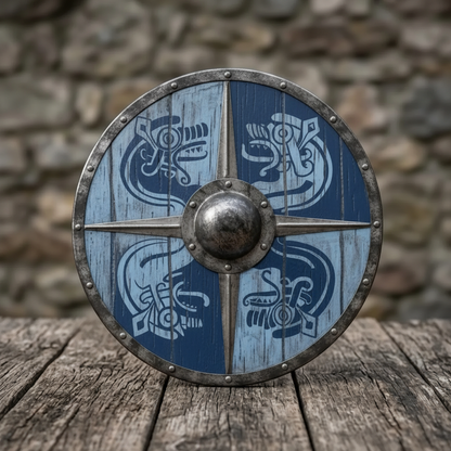 Round blue and white wooden Viking Raven Shield arranged on dark rustic wood in a square product scene