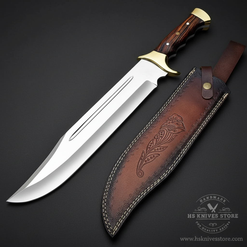 D2 steel Bowie knife dark rosewood handle large brass bolster mirror polished blade dark brown floral leather sheath dark charcoal studio mirror
