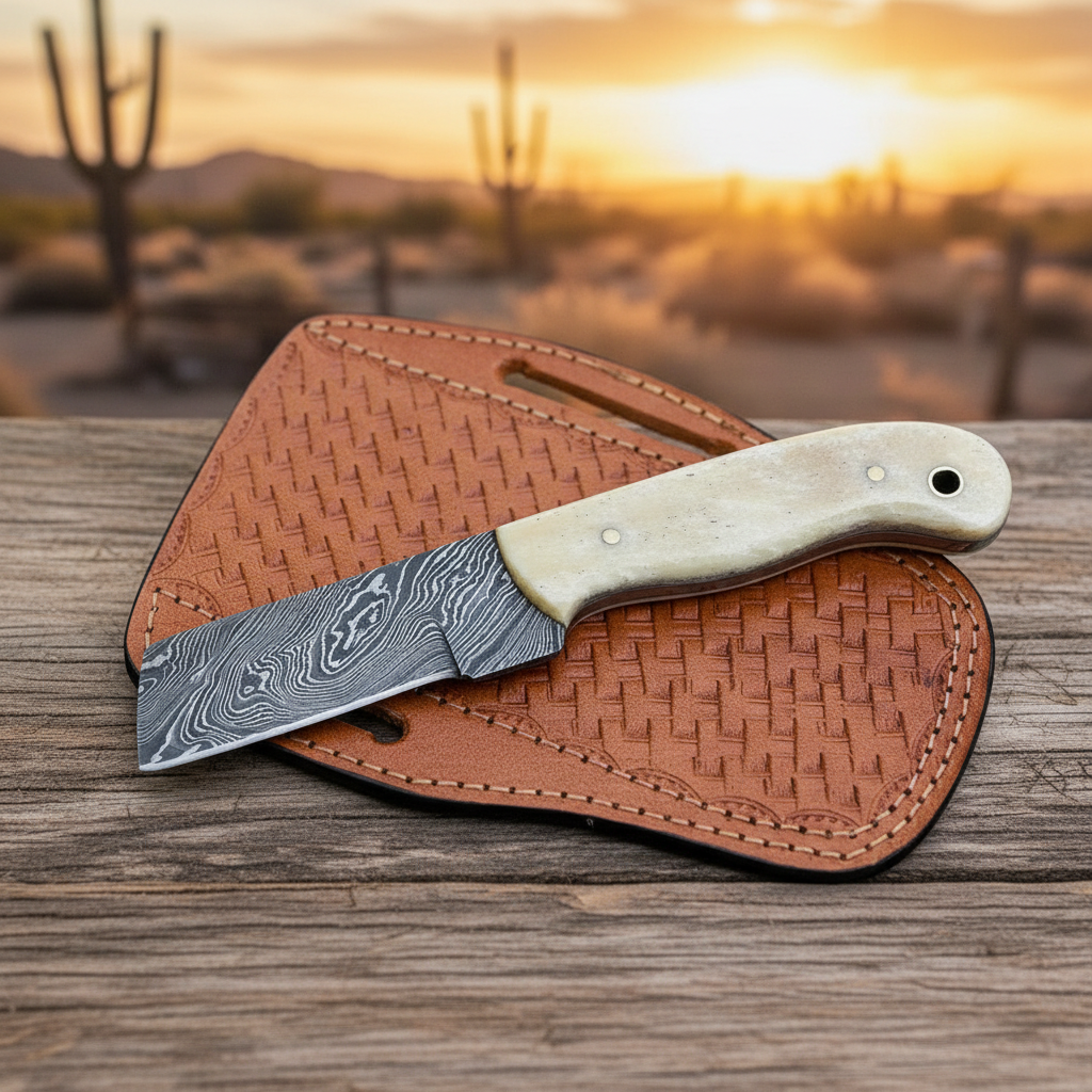 Damascus steel cowboy bull cutter knife on a premium desert ranch display