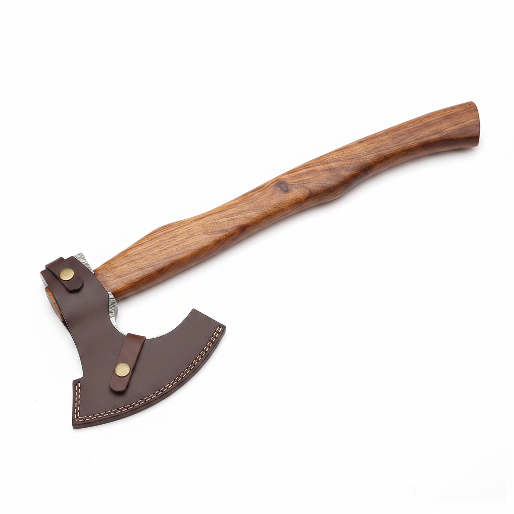 Damascus Viking bearded axe with natural rosewood handle on white background left facing studio shot